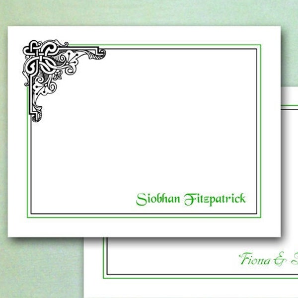 Celtic Note Cards, Personalized Stationery, Folded, Blank Inside, Set of 10, Irish Corner Design, Heart, Black & Green Border, Ireland