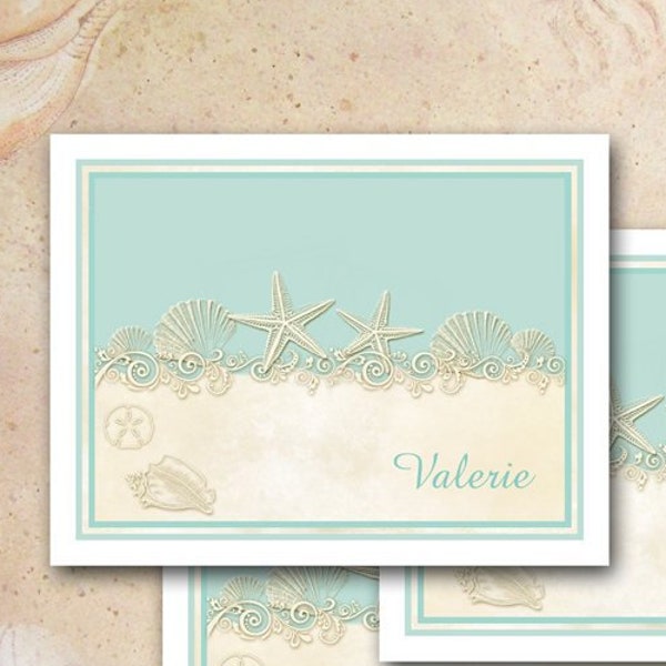 Sand and Sea Note Cards / Personalized or Thank You/ 10 Cards / Beach Stationery / Aqua & Tan / Shells Lace / Beach Wedding / Made to Order