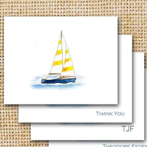 Sailboat Note Cards / Personalized / Nautical Ocean Beach Yacht Sailing / Digital Watercolor / Set of 10 / Optional Return Address
