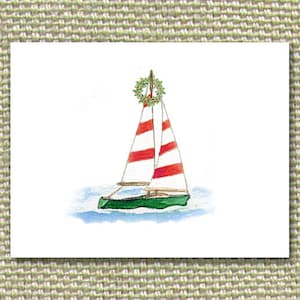 Nautical Christmas Cards: Sailboat with Wreath, Coastal Holiday Greetings (Set of 10)