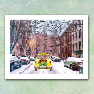 May include: A watercolor painting of a snowy street scene featuring a yellow taxi decorated with a wreath. Cars are parked along the snow-covered road, and buildings line the street. The sky is overcast, and the overall tone is wintry.