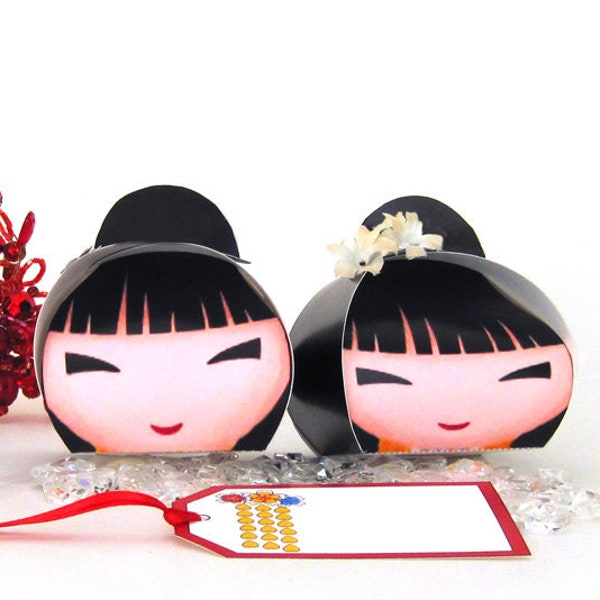 Boîte de faveur asiatique, Kawaii, Kokeshi, Geisha, Japonais, Boîte à bibelots, Boîte cadeau, Boîte à pièces, FICHIER NUMÉRIQUE, Téléchargement instantané, Vous imprimez, Pas de colle