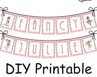 May include: A printable banner set featuring two rows of rectangular cards with pink borders and illustrations of characters. The letters spell out FANCY JULIE in a pink font. The border includes pink ribbons, pearls, hearts, and tea-themed items.