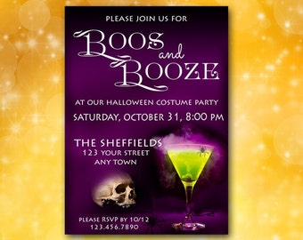 Invito di Halloween a tema "Boos and Booze": cocktail party con teschi (stampa o testo fai da te)