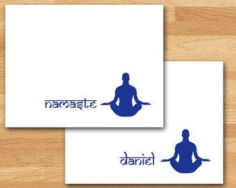 Yoga Stationery, Man in Lotus Position, Navy Blue, Personalized or Namaste, Men's Stationery, Folded, Blank Inside, Set of 10