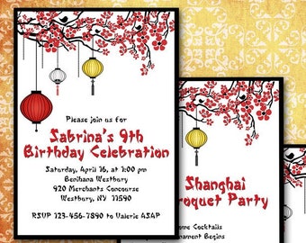 Cherry Blossoms Invitation / Asian Paper Lanterns / Chinese New Year Birthday Wedding Anniversary Engagement Shower / 5x7 Invite / YOU PRINT