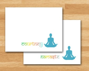 Yoga Stationery / 10 Note Cards / Woman Lotus Position / Shaded from Green to Turquoise / Namaste or Personalized / Om / Stationery Gift