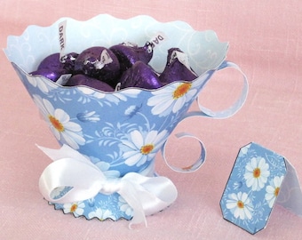 Teacup Party Favor / Modern White Daisies on Blue / Tea Party Bridal & Baby Shower Birthday / Fancy Paper Tea Cup / Contemporary DIY Teacup