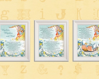 Wynken, Blynken & Nod Nursery Decor / Set of 3 Prints / Baby's Room Baby Shower / Poem Vintage Illustration / Three Sailor Boys Wooden Shoe