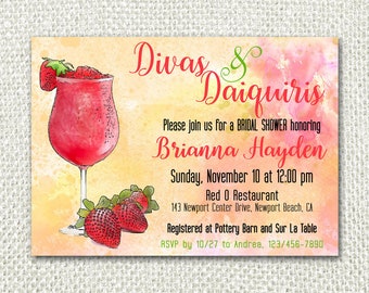 Strawberry Daiquiri Invitation / Bridal Shower, Birthday, Party, Watercolor Pink, Gold, Digital File / Matching Thank You Card Available