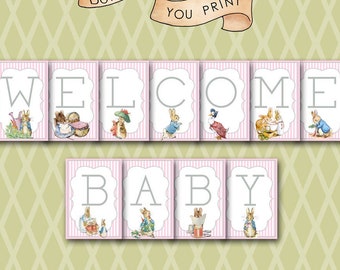 Peter Rabbit Shower Banner / Welcome Baby / DIY Printable Party Decoration / 7”x10”, Pink & White Stripes, Gray Letters / Invite, Tags, etc.