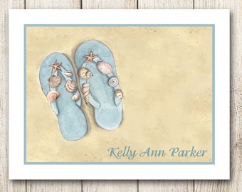 Flip Flop Note Cards / Personalized or Thank You, Stationery Gift, Blue Thong Sandals, Sea Shells, Sand, Beach, Ocean, Watercolor, Set of 10