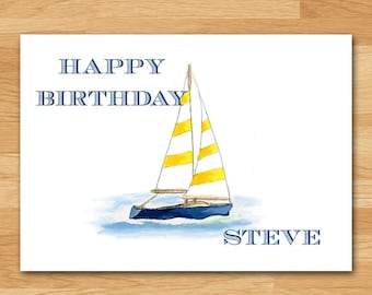 Personalized Sailboat Birthday Card / Boat Card / Nautical, Boat Lover / Watercolor Sailboat / Smooth Sailing / Custom Greeting Card / 5"x7"