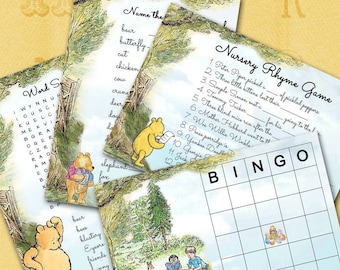 May include: A set of printable Winnie the Pooh baby shower games. The games include a word search, a name the character game, and a nursery rhyme bingo game. The games are printed on white paper with a Winnie the Pooh illustration.
