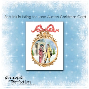 May include: A vintage-style Christmas card featuring a couple in 19th-century attire standing in front of a house. The image is framed in a gold oval with a red ribbon and bow. The card has the text "See link in listing for Jane Austen Christmas Card" at the top.