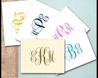 Monogram Note Cards / Three Initial Stationery, Ivory & Cocoa Brown or White with Navy, Gold, Hot Pink or Teal, Set of 10, Mother's Day Gift