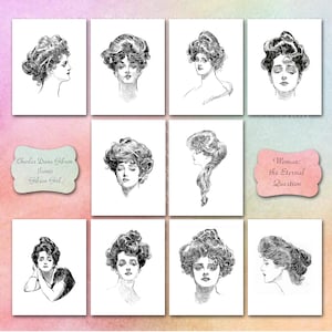Gibson Girls Note Cards / Plain, Personalized or Thank You / Pen & Ink Illustrations / Set of 10 / Classic, Vintage, Victorian, Edwardian