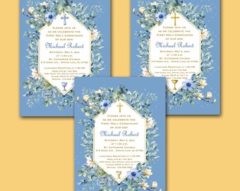 First Holy Communion Invitation, Floral Frame, 3 Choices, 5x7, DIGITAL YOU PRINT