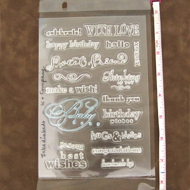 Free Ship Final Sale Inkadinkado Clear Stamps Set of 17 Words /& Phrases Baby, Thank You, Merci, Hello, Handmade By, etc. Gently Used
