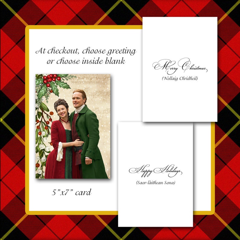 May include: A 5"x7" greeting card featuring a couple in period attire, with text that reads "Merry Christmas" and "Happy Holidays". The card has a white background with a gold border, set against a red and black plaid pattern.