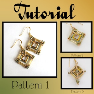 May include: Three different patterns for beaded earrings. The earrings are made with gold-colored beads and green glass beads. The earrings are in the shape of a square.