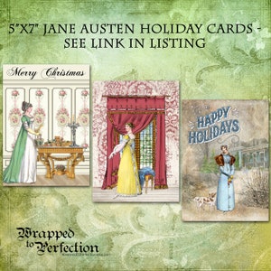 May include: Three 5x7 inch holiday cards featuring vintage illustrations. The first card has a woman in a green dress standing in a room with a fireplace and a Christmas tree. The second card has a woman in a yellow dress standing in a room with a window and red curtains. The third card has a woman in a blue coat standing in a snowy landscape with a house in the background. The cards have the text "Merry Christmas" and "Happy Holidays".