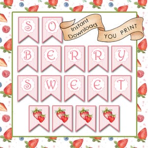Baner na imprezę truskawkową, So Berry Sweet, Natychmiastowe pobranie, Ty drukujesz, 16 sztuk 8"x10", Baby Shower, Urodziny /