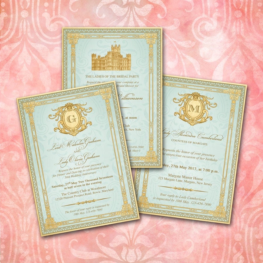 Wedding Invitation Suite, Monogram Crest, Victorian Edwardian Downton Abbey, Aqua & Gold, Ornate, Birthday, Shower, Anniversary, YOU PRINT