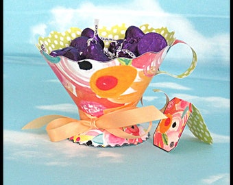 Teacup Party Favor / Moderne Floral, Rose Corail Vert Jaune / Tea Party Bridal Shower Baby Shower Anniversaire / Fancy Tea Cup / Contemporain