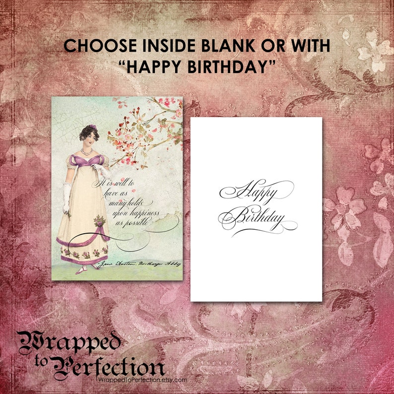 May include: A vintage-style greeting card with a floral design and a quote about happiness. The card has a blank inside or can be personalized with the text "Happy Birthday".