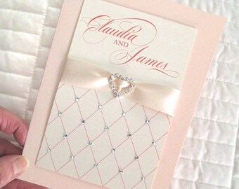 Keepsake Personalized Card, 5"x7", Engagement, Wedding, Anniversary, Rhinestones, Satin Ribbon, Blush Pink Iridescent, Handmade USA