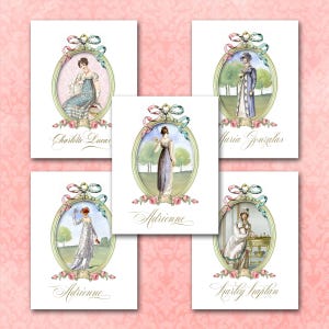 May include: Five white cards with oval frames and illustrations of women in vintage clothing. Each card has a name written in cursive at the bottom. The names are Charlotte Lucas, Maria Gonzales, Adrienne, Adrienne, and Kirtley Haphton.