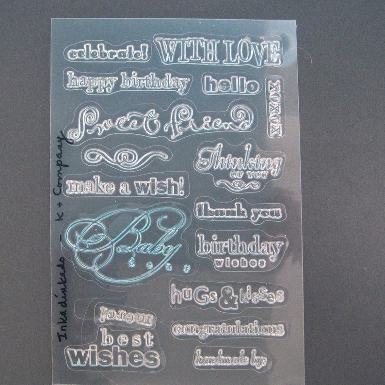 Free Ship Final Sale Inkadinkado Clear Stamps Set of 17 Words /& Phrases Baby, Thank You, Merci, Hello, Handmade By, etc. Gently Used
