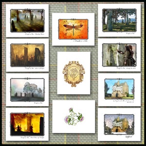 May include: A collection of nine art prints featuring various watercolor illustrations. The prints depict landscapes, a dragonfly, a coat of arms, and architectural scenes. Each print is framed with a decorative black border and includes text at the bottom.