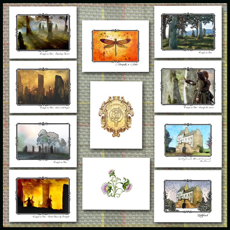 May include: A collection of nine art prints featuring various watercolor illustrations. The prints depict landscapes, a dragonfly, a coat of arms, and architectural scenes. Each print is framed with a decorative black border and includes text at the bottom.