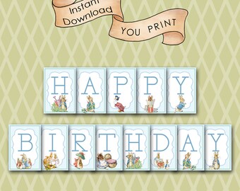 Peter Rabbit Birthday Banner, Blue Stripes (DIY You Print)