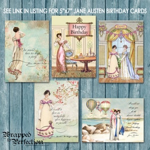 May include: Set of four 5x7 inch Jane Austen birthday cards featuring vintage illustrations and quotes. The cards have a light blue background with a woodgrain texture. The cards feature quotes from Jane Austen's novels, including "It is as well to have as many holds upon happiness as possible" and "One cannot have too large a party."