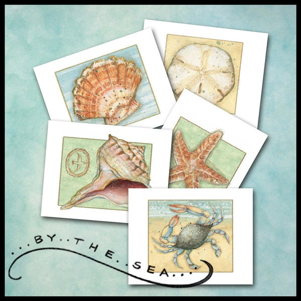 Beach Note Cards / Set of 10, Folded, Blank Inside / Crab Conch Starfish Scallop Sand Dollar / Nautical, Wedding Thank You, Stationery Gift