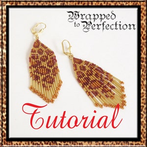 May include: A pair of gold and brown beaded earrings with a tassel design. The earrings are labeled "Wrapped to Perfection Tutorial".