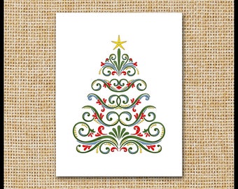 Folk Art Christmas Tree Card / Set of 10 / Red Green Blue Yellow, God Jul, Merry Xmas, Happy Holidays, Scandinavian Rosemale