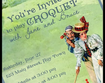 Croquet Invitation, Lawn Game, Garden Party, Vintage Norman Rockwell Couple, Mallet Wicket Balls, Backyard Invite, DIGITAL 5x7 Print or Text