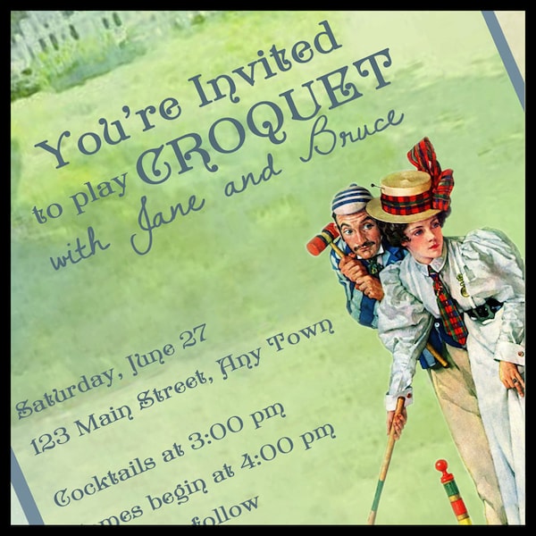 Invitation de croquet, jeu de pelouse, Garden Party, couple Norman Rockwell vintage, balles de guichet de maillet, invitation d'arrière-cour, impression numérique 5x7 ou texte