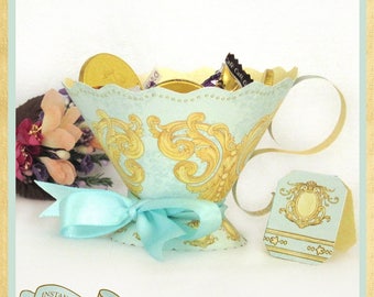 Teacup Party Favor / Aqua & Gold / Tea Party High Tea Bridal ou Baby Shower Birthday / DIY YOU PRINT / Fancy vintage Tea Cup / Downton Abbey