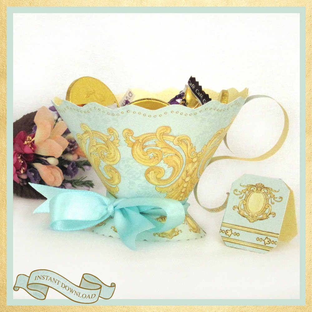 Teacup Party Favor / Aqua & Gold / Tea Party High Tea Bridal or Baby Shower Birthday / DIY YOU PRINT / Fancy Vintage Tea Cup / Downton Abbey