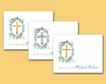 Personalized Communion Thank You Cards, 3 Designs, Floral Frame on Blue, Set of 10