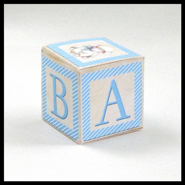Baby Boy Favor Box / Blue & Beige Alphabet Block / Baby Shower, Sip and See / Square Cube / Printable DIY Instant Download