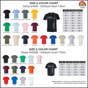 a chart showing the size and color of a t - shirt