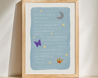 Quicksilver Kingfisher "She is Moonlight" Quote for Saeris, Little Osha, for Fantasy, Romance Book Lovers