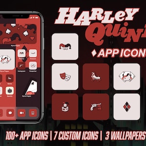 May include: A smartphone screen displaying a custom theme with Harley Quinn app icons. The theme features a red and black color scheme with icons and wallpapers. Text reads "HARLEY QUINN APP ICONS" and "100+ APP ICONS | 7 CUSTOM ICONS | 3 WALLPAPERS."