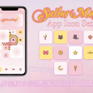 May include: A smartphone displays a Sailor Moon app icon set with a pink and yellow color scheme. The set includes over 100 app icons, 10 custom icons, 1 widget, and 4 wallpapers. The icons feature various Sailor Moon-themed designs.